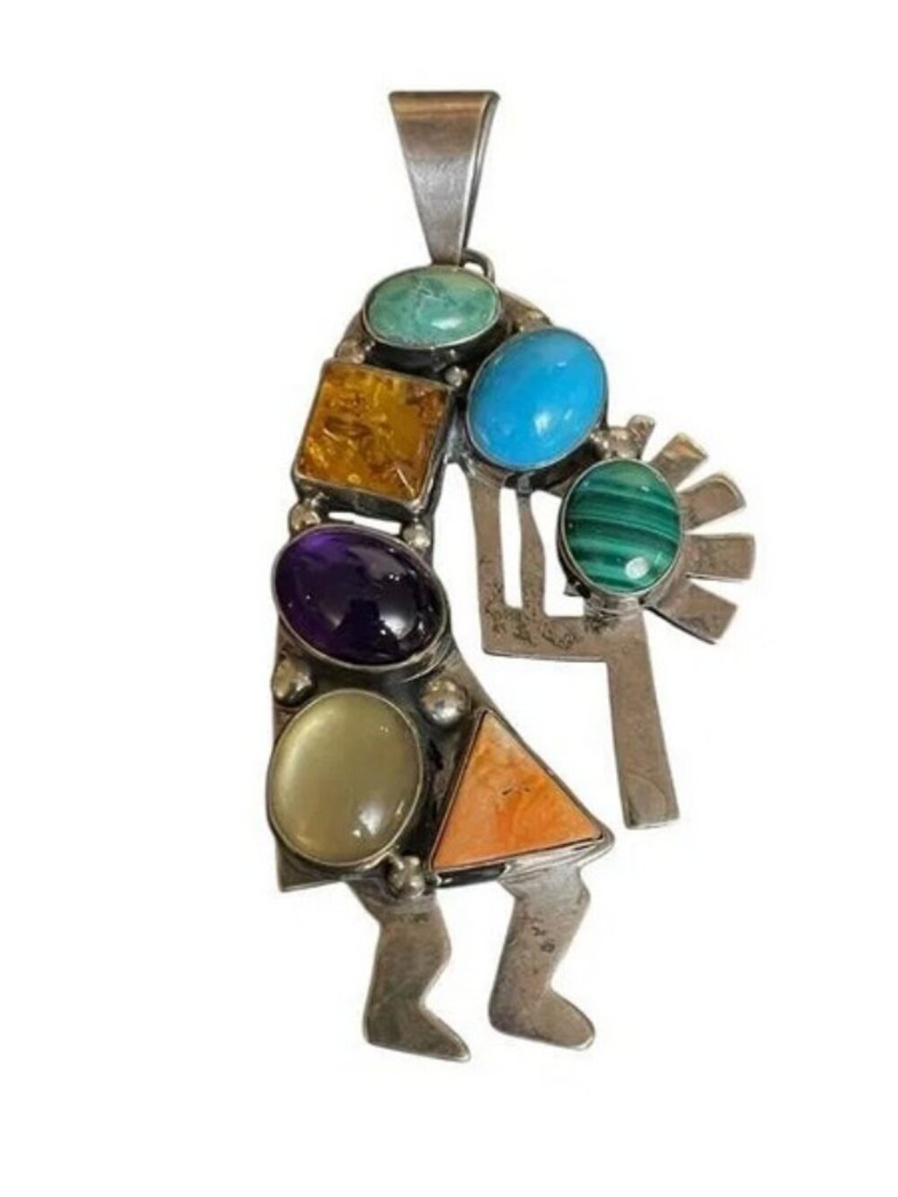 MASSIVE SIGNED BEA TOM STERLING SILVER GEMSTONE CLUSTER KOKOPELLI PENDANT 5.5"